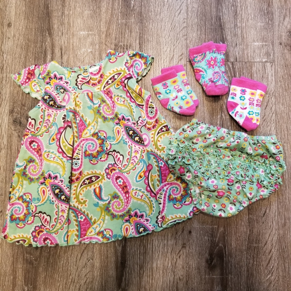 Vera Bradley 6-9 month Tutti Frutti dress, diaper cover, and 3 pairs of socks
